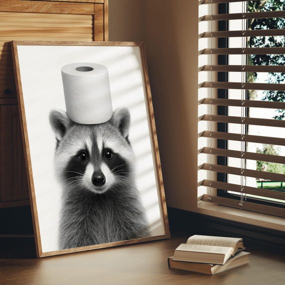 Funny Raccoon Bathroom Wall Art Toilet Paper Print Black And White Animal Decor Gift For Him Or Her Framed Powder Room