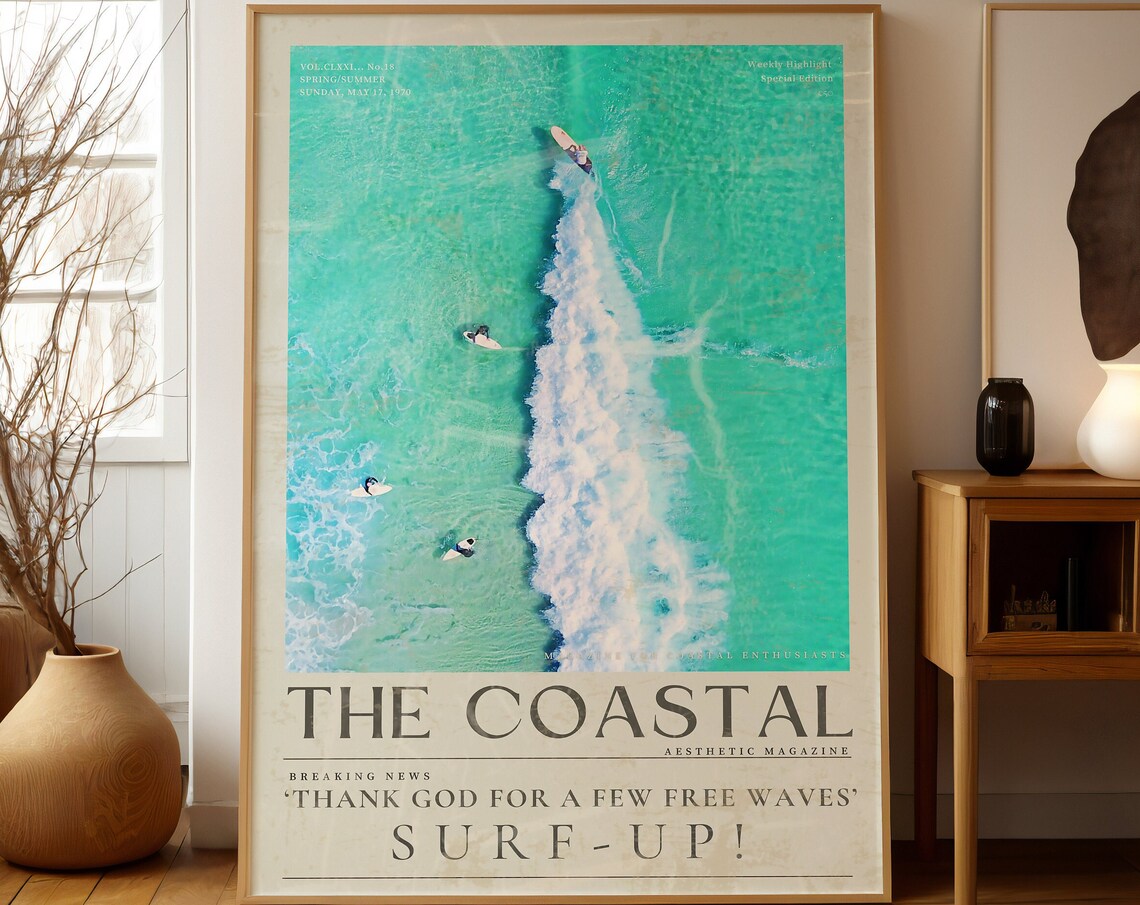 Coastal Life Newspaper Print Vintage 70s Surf Up Cowgirl Wall Art Chic Aesthetic Surf Poster Coastal Life Magazine Cover Surfer Gift