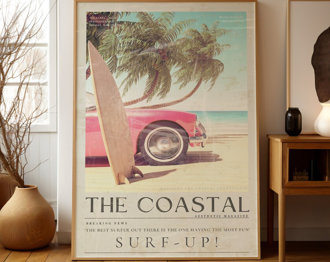 Coastal Cowgirl Surf Up Vintage Newspaper Art Print