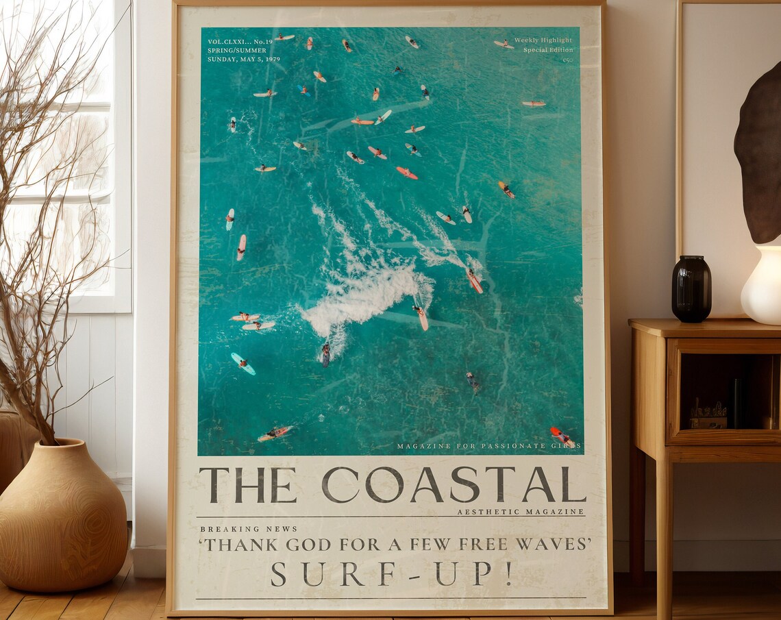 Blue Coastal Cowgirl Surf Vintage 70s Newspaper Poster