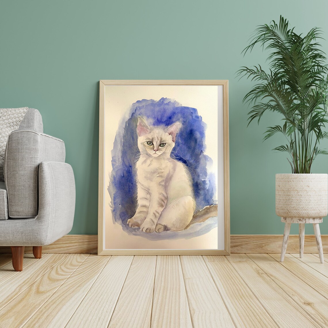 White Kitten With Green Eyes on Blue Watercolor Cat Portrait Poster - Image 3
