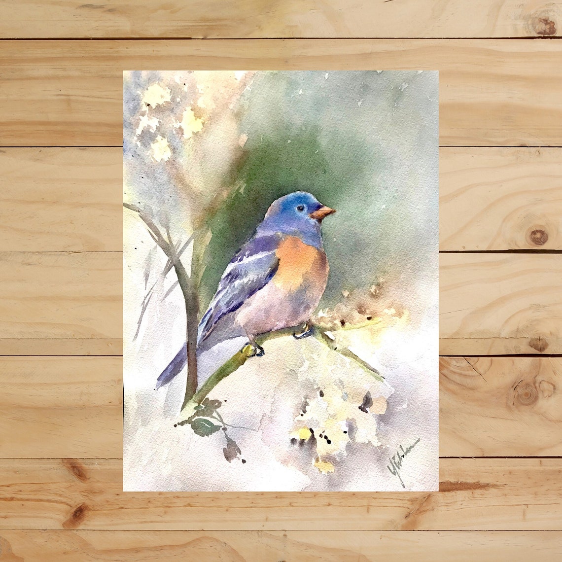 Blue and Orange Songbird Perched on Branch Watercolor Art Poster - Image 3