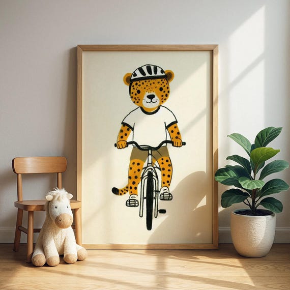 Bicycleriding Leopard Print Cheetah Cub On Bike Illustration Kids Room Decor