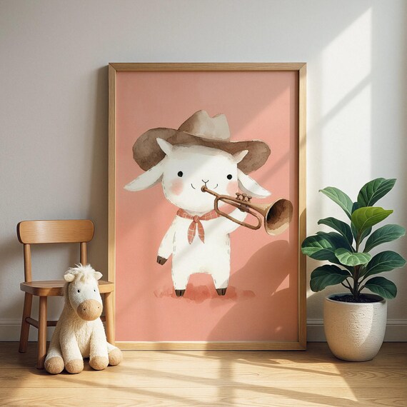 Goat Playing Trumpet Cowboy Hat Cute Music Farm Nursery Wall Art