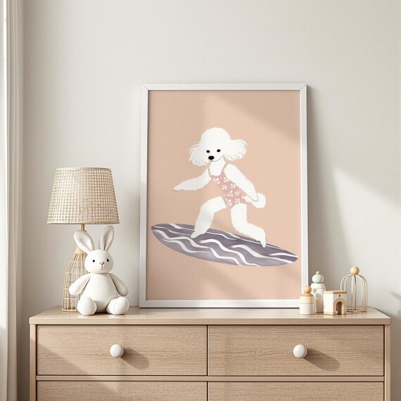 Surfing Poodle Print Beach Dog Nursery Art Kids Room Decor Wall
