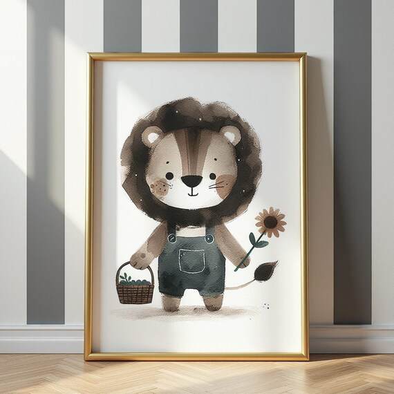 Cute Watercolor Lion Cub In Overalls Holding A Sunflower Nursery Wall Art