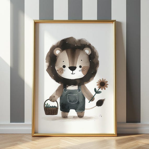 Sunflower Lion Art Print Farm Cub With Flower Basket Illustration Kids Room Decor