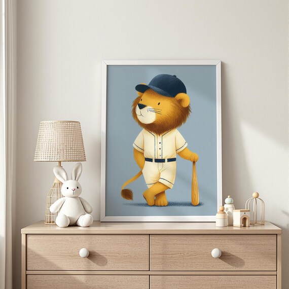 Lion Baseball Player In Cream Uniform With Wooden Bat Boys Room Poster