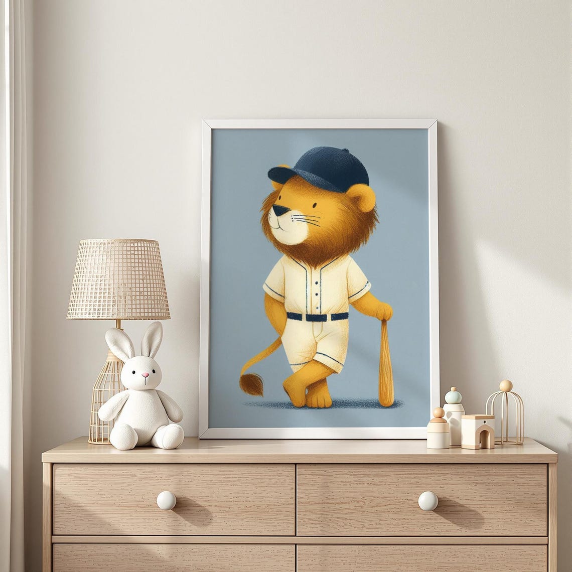 Baseball Lion Art Print Sporting With Bat Illustration Kids Sports Room Decor