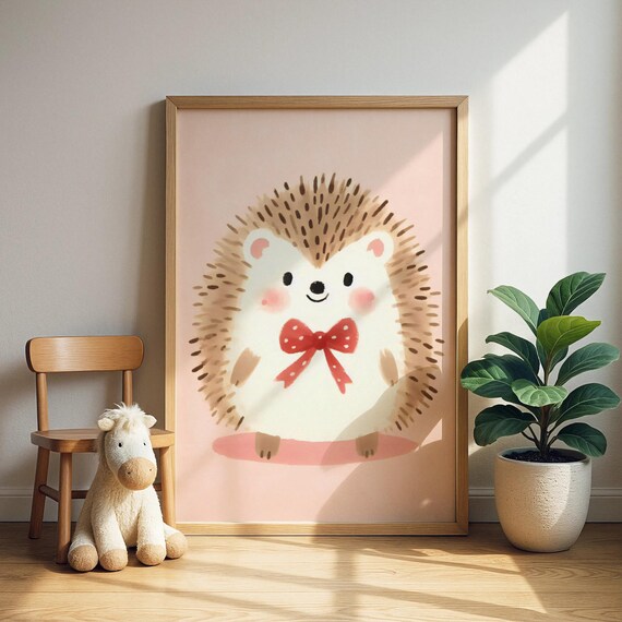Hedgehog With Red Bow Print Adorable Spiky Friend Nursery Art Kids Room Decor