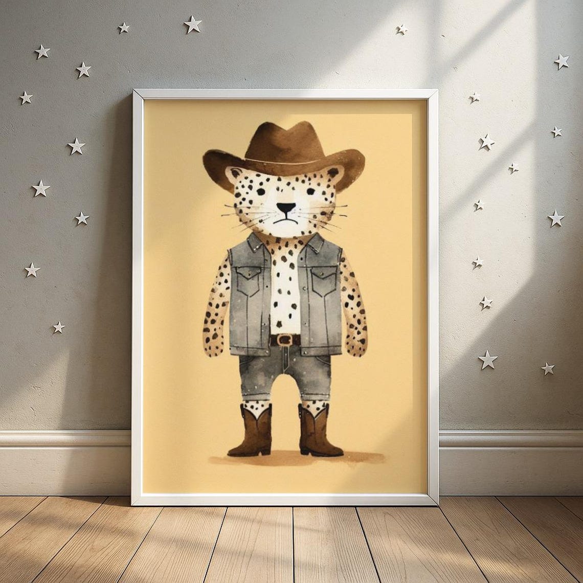Cowboystyle Leopard Wall Art Western Cheetah Cub In Boots Illustration Kids Room Decor