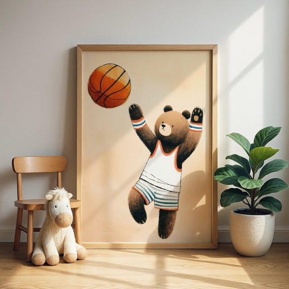 Basketball Bear Sports Wall Art Athletic Animal Nursery Print Kids Room Decor