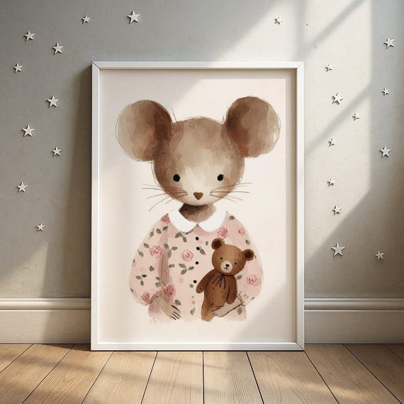Dollholding Mouse Print Sweet Cub With Toy Doll Illustration Kids Room Decor