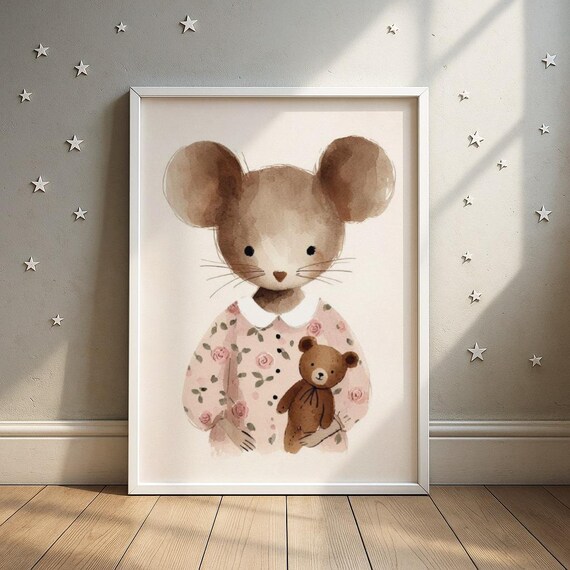 Sweet Watercolor Mouse Holding Teddy Bear Nursery Kids Wall Art