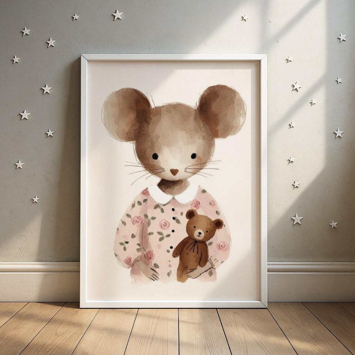 Sweet Watercolor Mouse Holding Teddy Bear Nursery Kids Wall Art