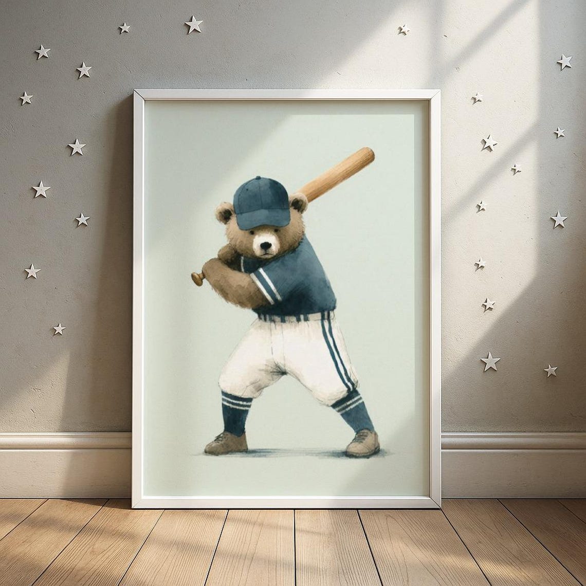 Adorable Bear Baseball Player Swinging Bat Kids Sports Poster