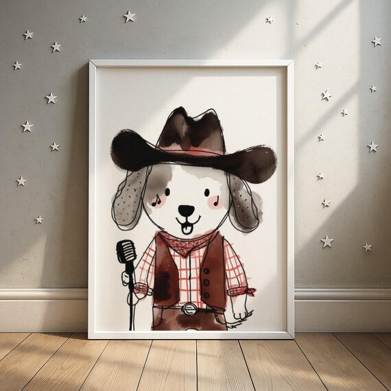 Cowboy Dog Print Western Puppy Nursery Art Kids Room Decor Wall