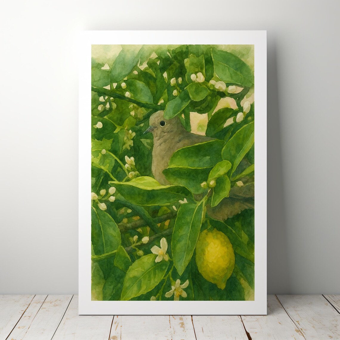 Watercolor Bird And Lemon Tree Art Print Botanical Greenery