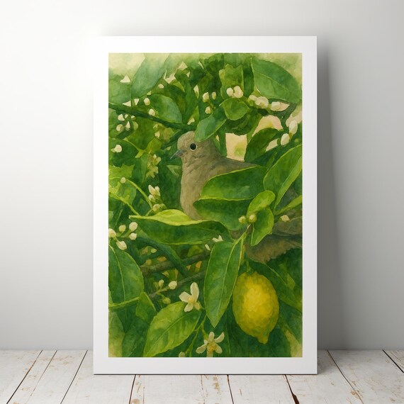Watercolor Bird And Lemon Tree Art Print Botanical Greenery