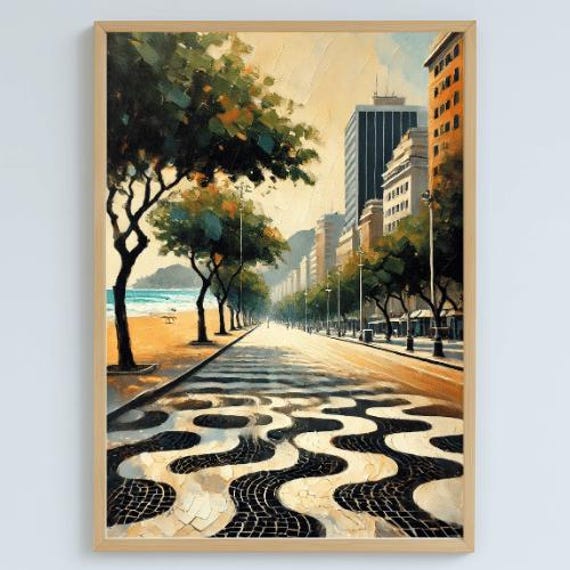 Copacabana Boardwalk Art Rio De Janeiro Print Impressionist Poster 600 Dpi Wall Decor