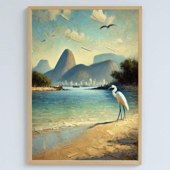 Rio de Janeiro Beach Egret Tropical Mountain Oil Painting Poster