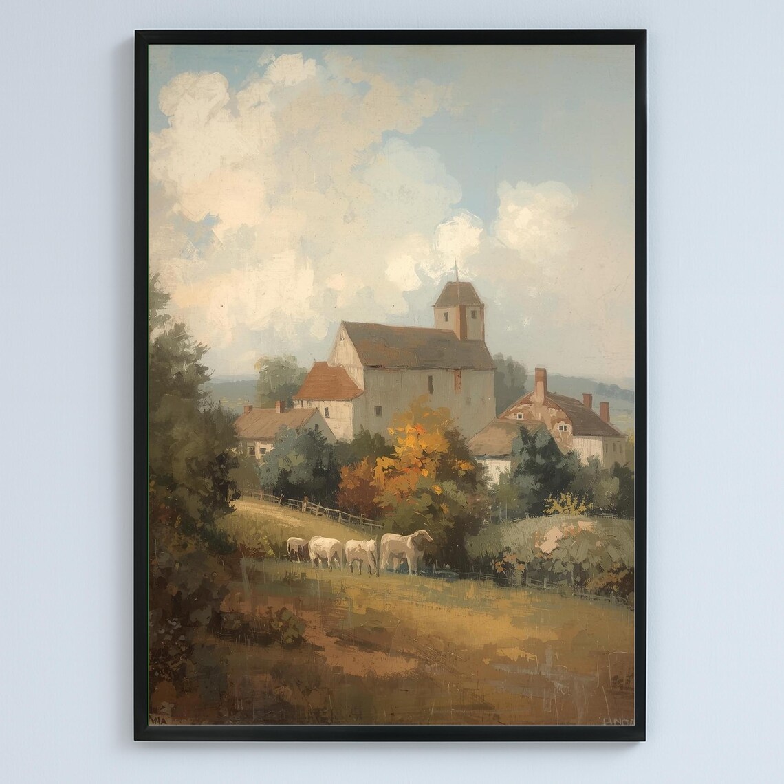 French Countryside Village Church Soft Pastoral Painting Poster