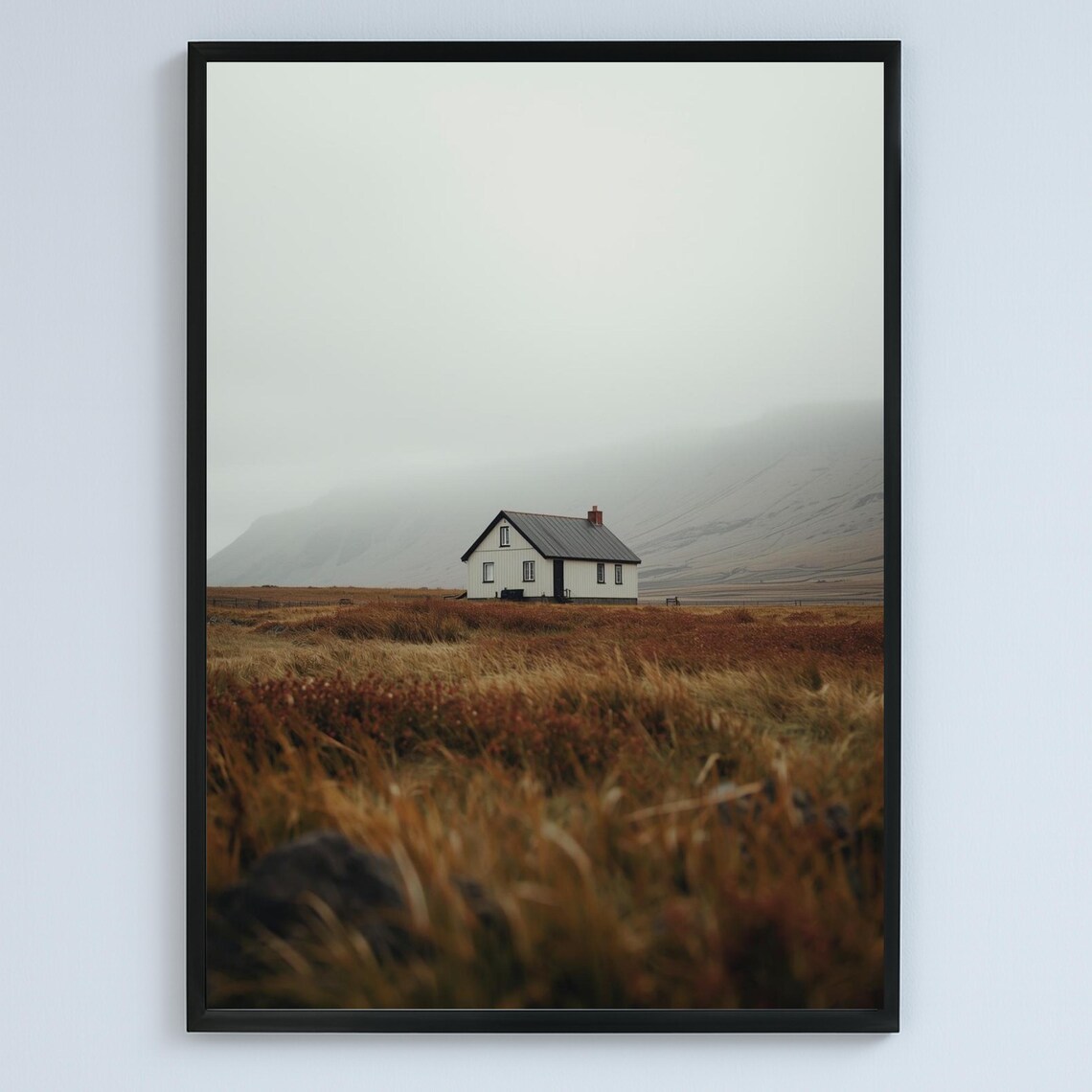 Misty Iceland Countryside Lone Farmhouse Foggy Nordic Art Poster