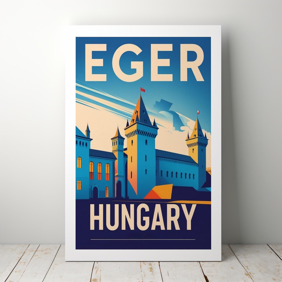 Eger Hungary Retro Travel Poster with Historic Castle Towers