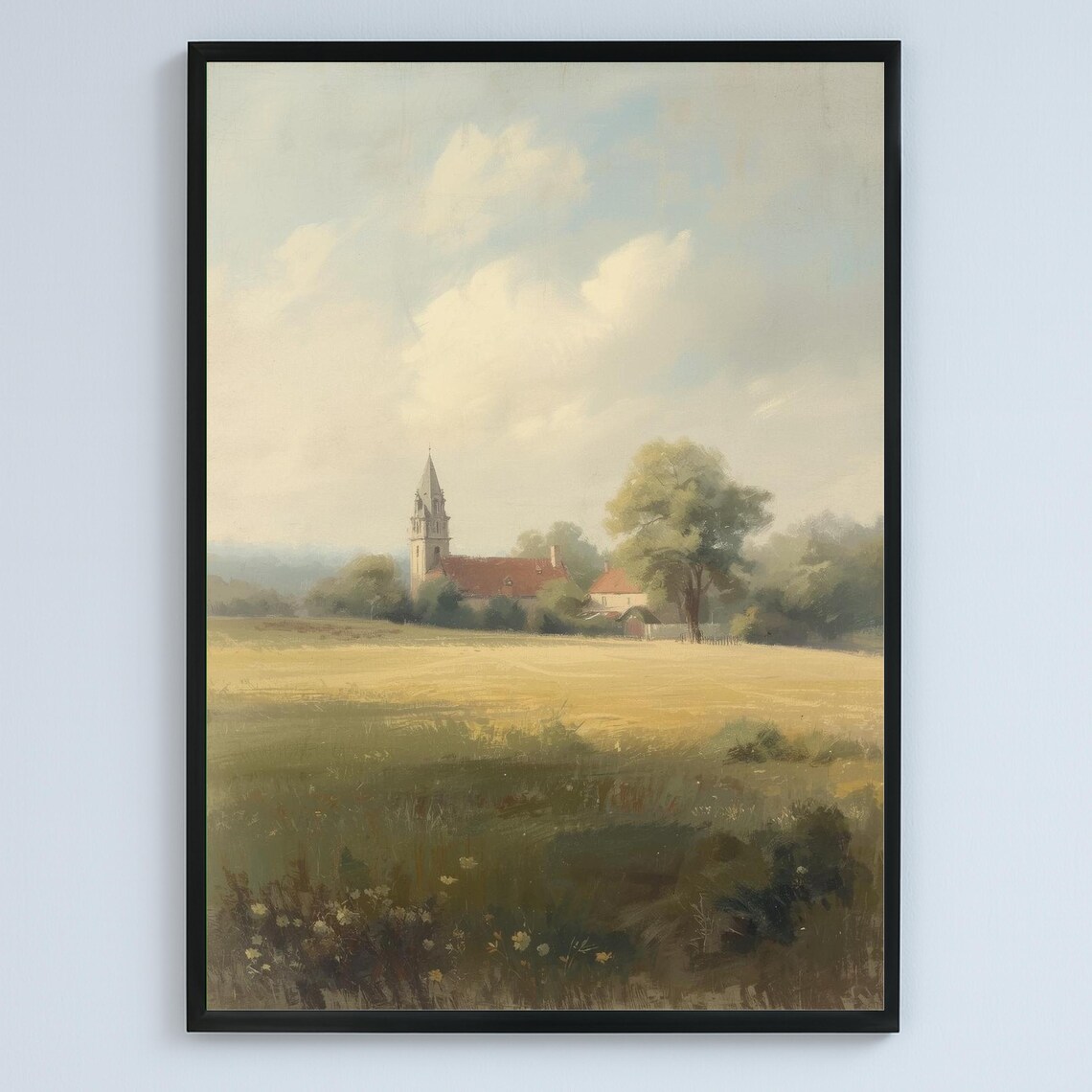 Golden Wheat Field Church Vintage Landscape Painting Soft Pastel Poster