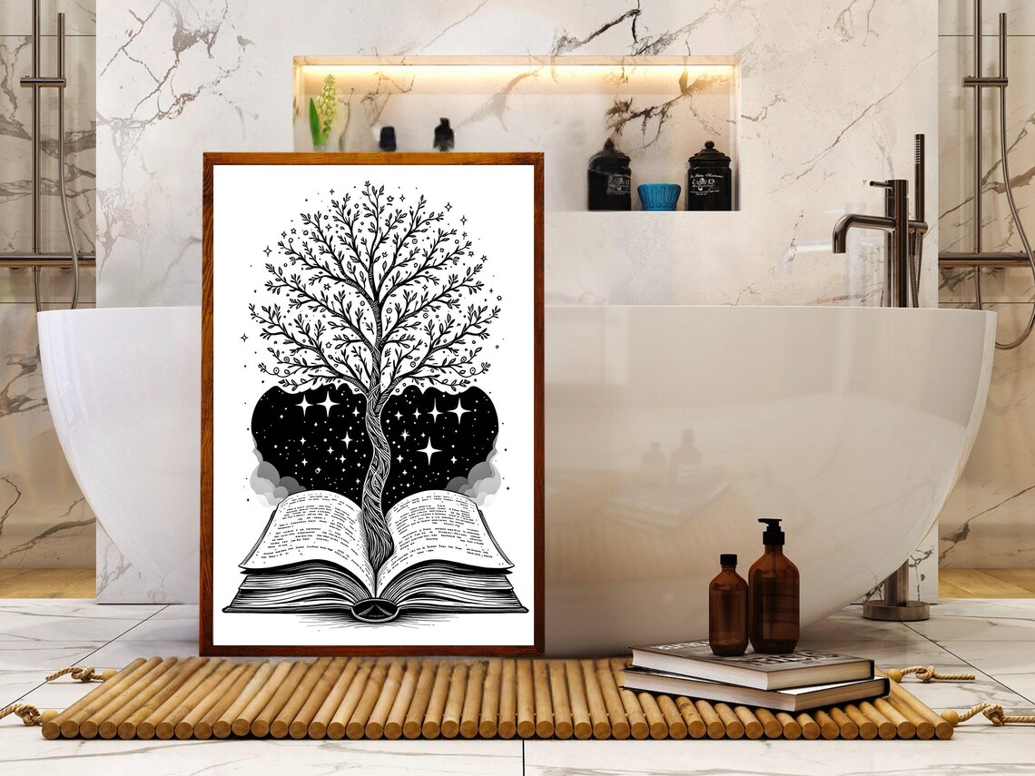 Tree Of Knowledge Wall Art Mystical Book And Stars Illustration Black And White Art Print Literary Home Decor Book Lovers Gift - Image 4