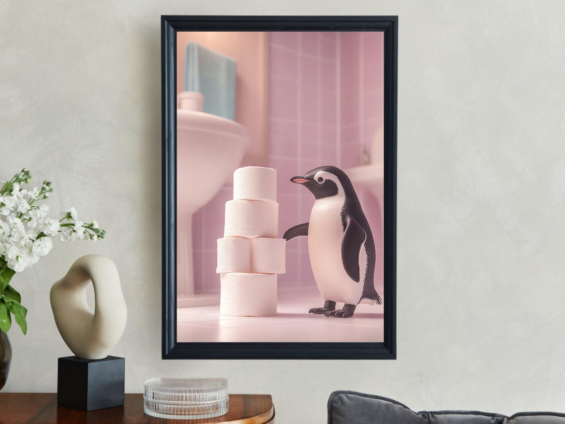 Playful Penguin Beside a Tall Tower of Toilet Paper Rolls Poster - Image 2