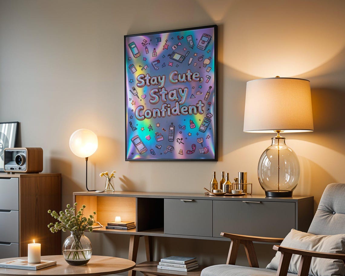 Stay Cute Stay Confident Holographic Retro Gadget Doodle Quote Poster - Image 4