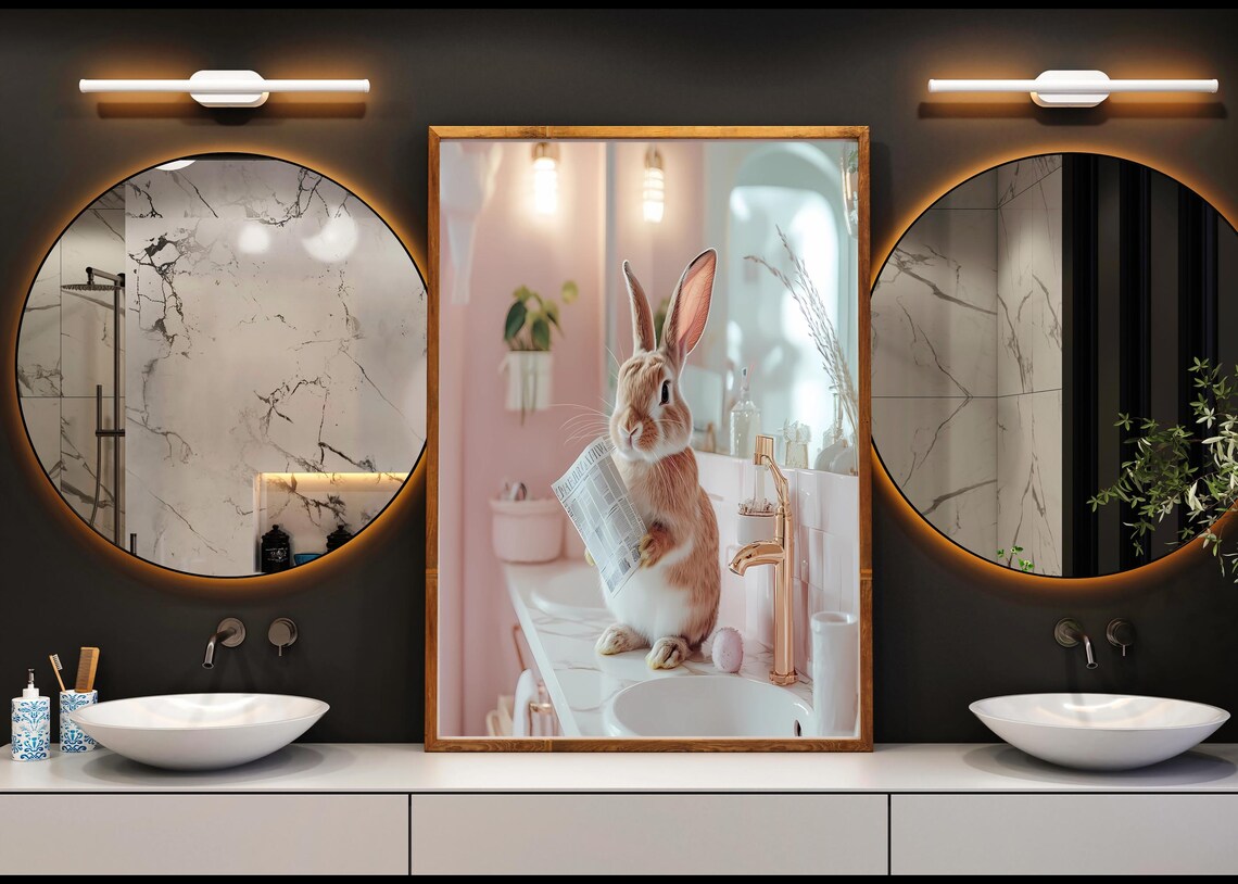 Bunny Reading the Newspaper in a Pink Bathroom Cute Animal Poster - Image 4