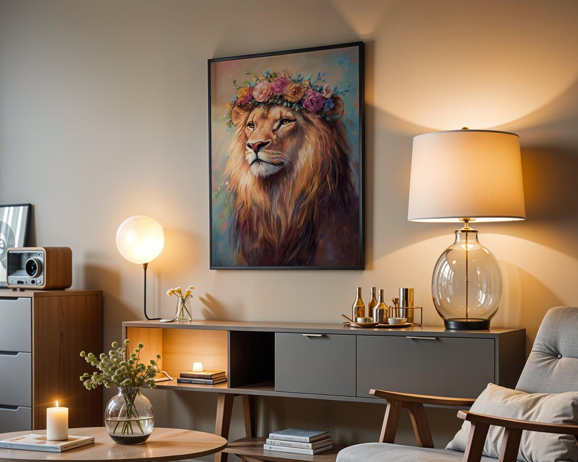 Majestic Lion Wearing a Flower Crown Painted Portrait Animal Poster - Image 4