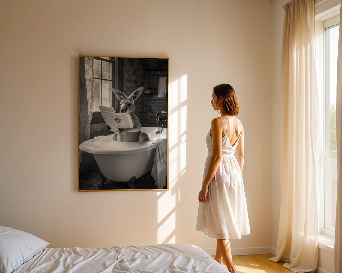 Kangaroo Reading a Newspaper in a Bathtub Black White Poster - Image 3
