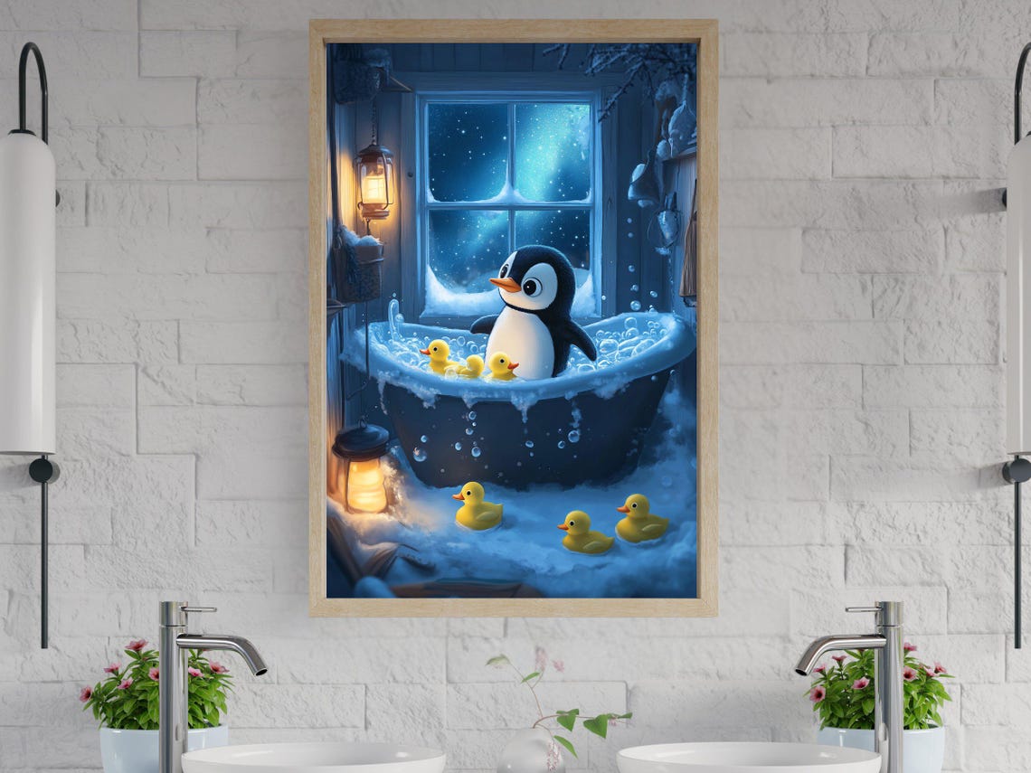 Penguin in Bubble Bath With Rubber Ducks Snowy Window Poster