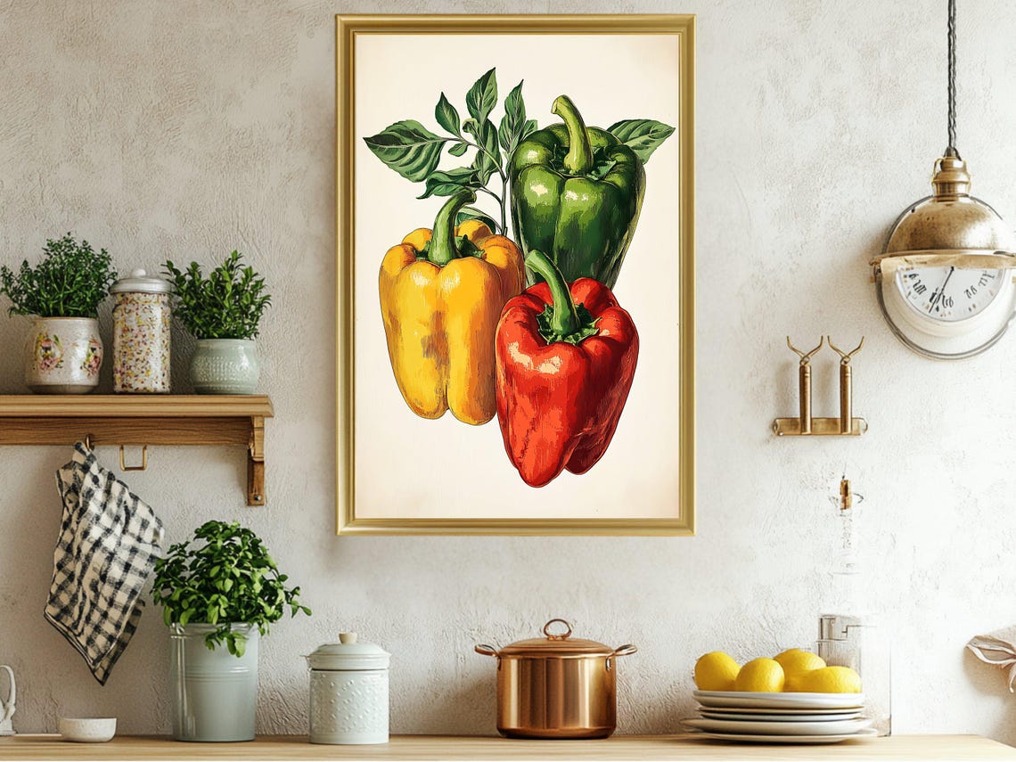 Colorful Bell Peppers Trio Botanical Vegetable Kitchen Poster