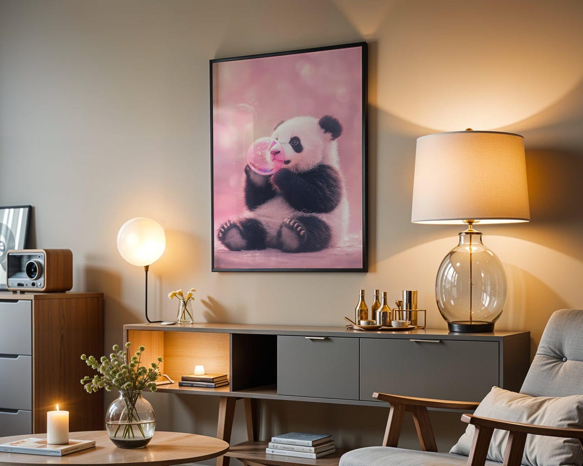 Sitting Baby Panda Blowing Pink Bubble Blush Pink Art Poster - Image 3