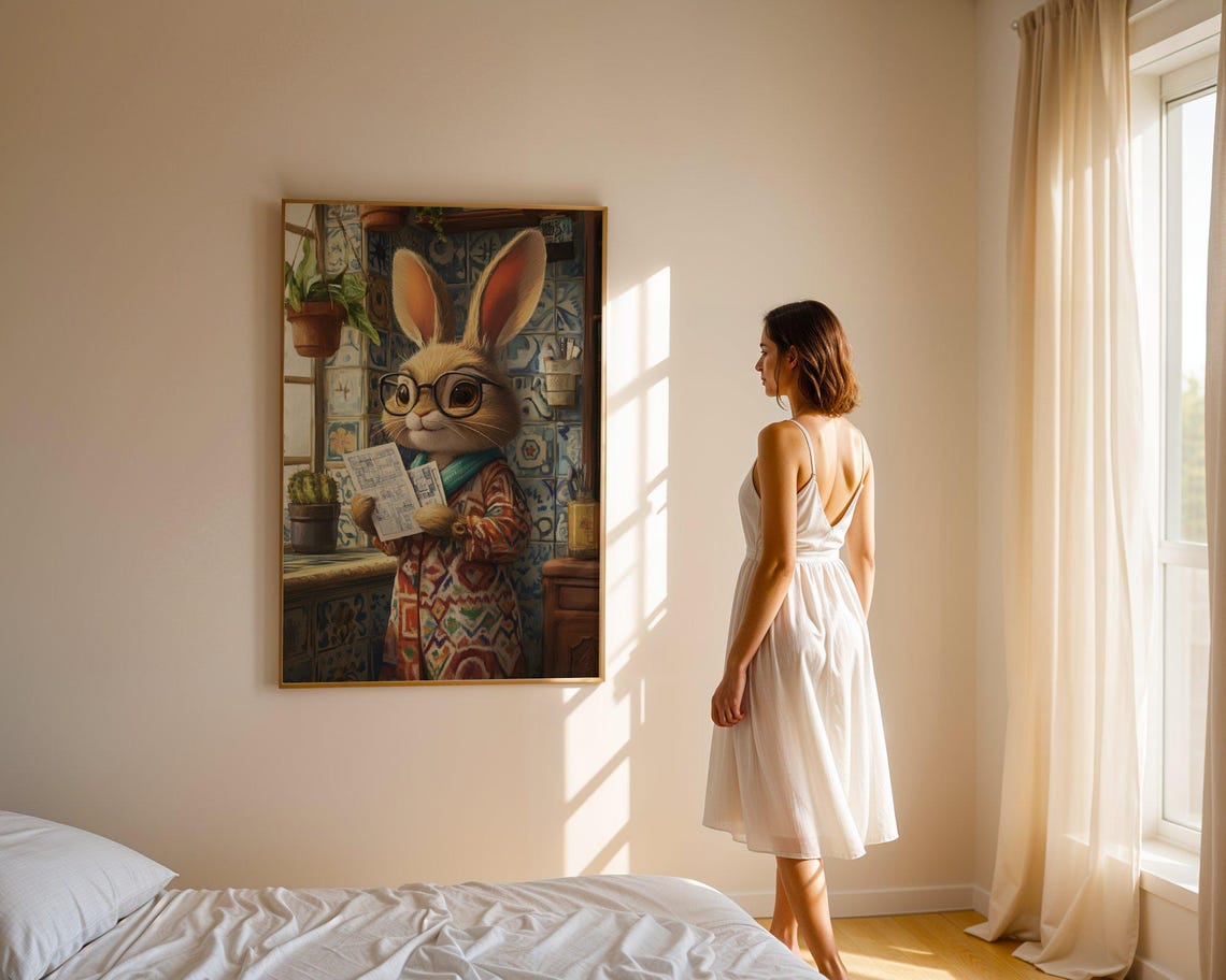 Bunny Architect with Glasses Reading a Blueprint in a Robe Poster - Image 3