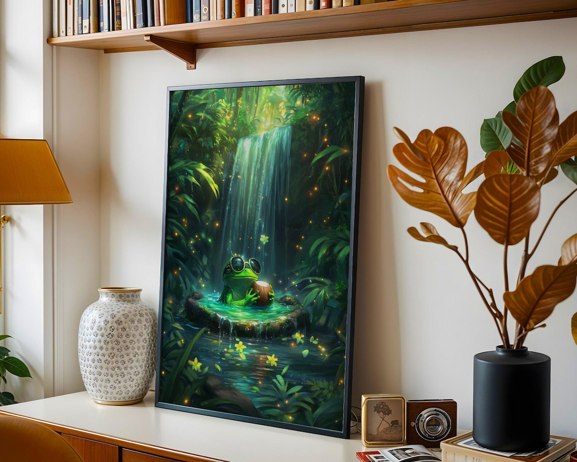 Cool Frog With Sunglasses Sipping Coconut Under A Jungle Waterfall Poster - Image 4