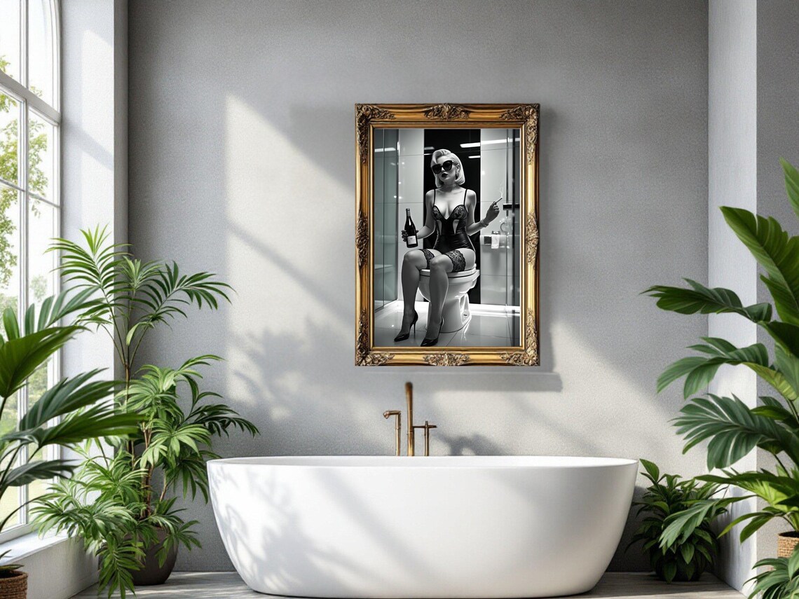 Woman in Lingerie Holding a Wine Bottle While Sitting on a Toilet Poster - Image 3