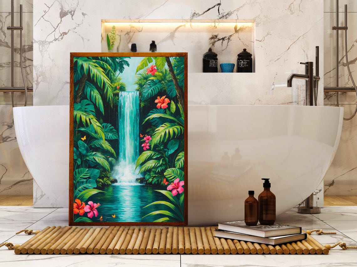 Jungle Waterfall Surrounded By Lush Greenery And Pink Hibiscus Poster - Image 5