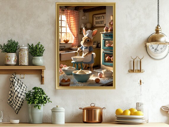 Bunny Chef Bakery Whisking Batter Cute Kitchen Decor Art Print