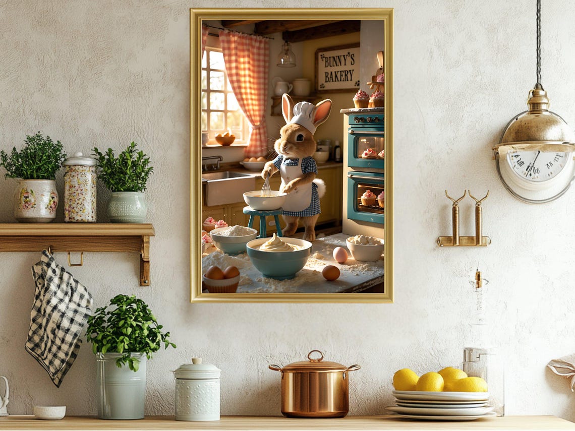 Bunny Chef Bakery Whisking Batter Cute Kitchen Decor Art Print