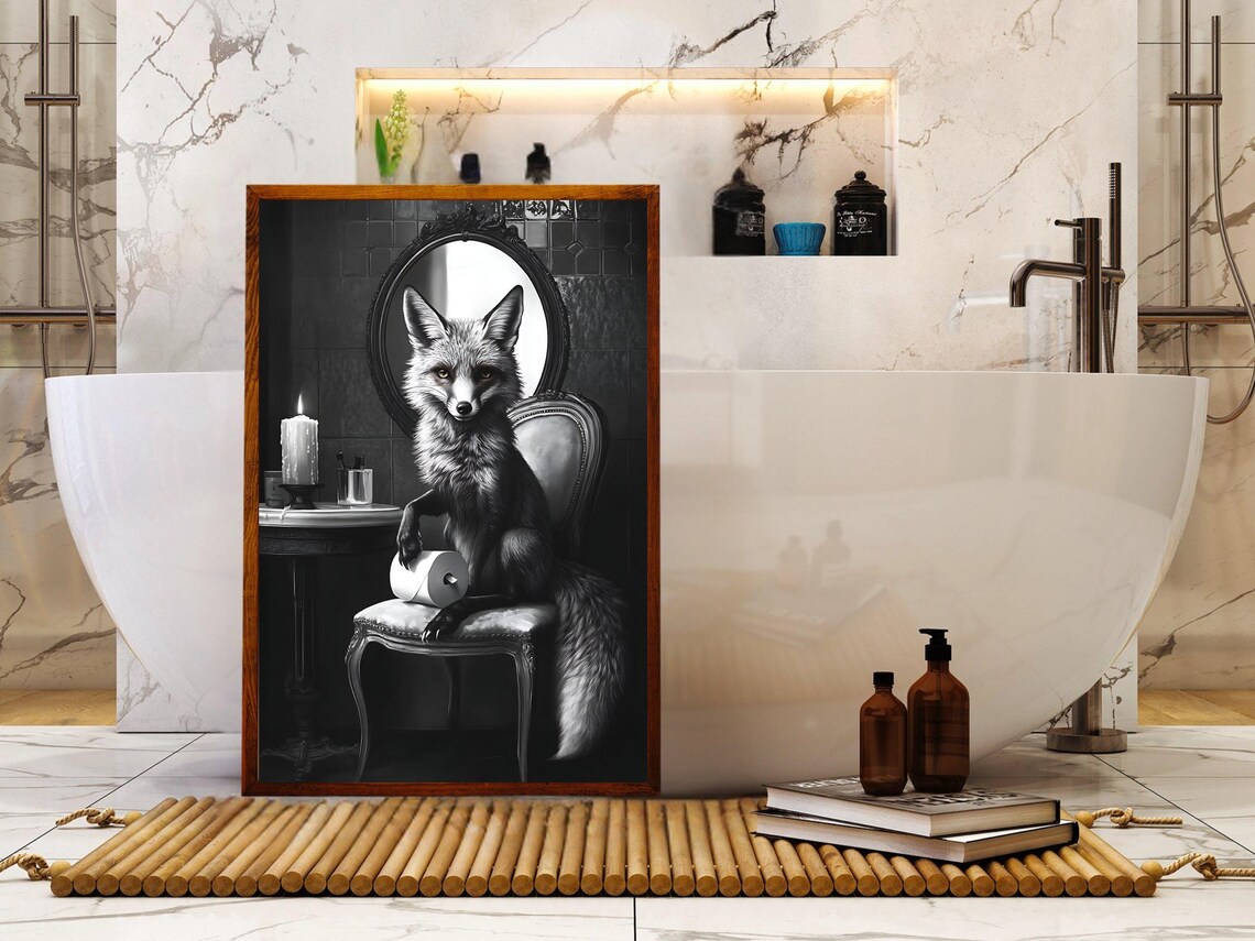 Fox Sitting on an Elegant Chair Holding Toilet Paper in a Dark Room Poster - Image 5