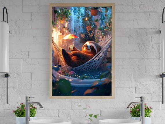 Sloth Relaxing in a Hammock With Tropical Cocktail at Twilight Poster