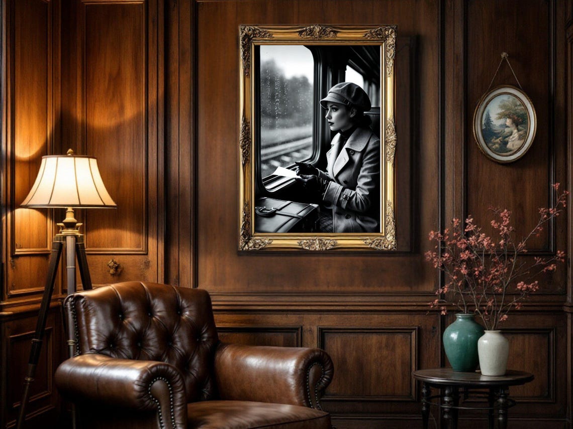 Woman in Hat on Rainy Train with Letter, Vintage Noir Poster - Image 5