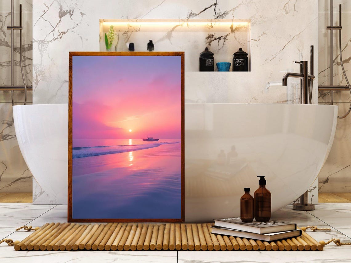 Soft Pink Ocean Sunset With Lone Boat On Calm Reflecting Water Poster - Image 2