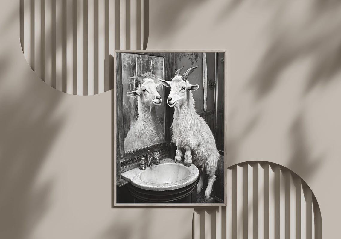 Goat Standing on a Bathroom Sink Admiring Its Reflection Poster