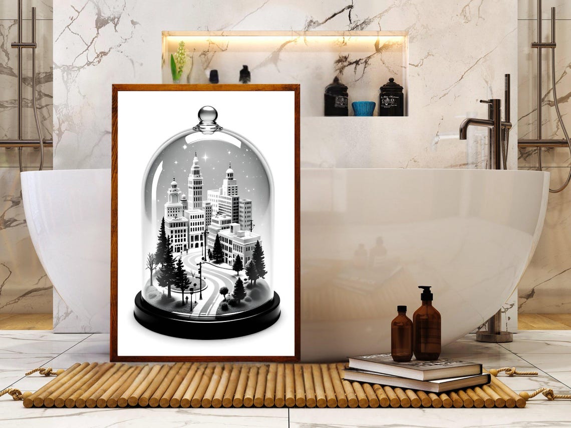 Miniature City Under Glass Dome Black White Night Dream Poster - Image 4